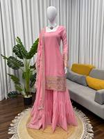 Setelan Salwar Pink Wanita Elegan untuk Pesta, Kurta Salwar Dupatta, Pakaian Pernikahan, Anti Kusut, Cepat Kering, Bahan Mikrofiber