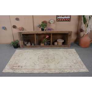Tapis en laine turque vintage de 3.5x6,7 pieds, tissage plat design patchwork beige et marron avec support en latex pour décorations de salon - Product Image 4
