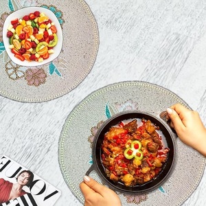 Handcrafted Cream <b>Blue</b> Pink Beaded Round Placemat for Dining <b>Table</b> for Wedding & Christmas Decorations Family Gatherings - Product Image 5