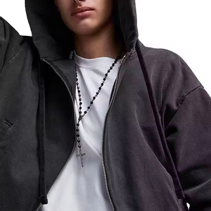 Sweat à capuche brodé personnalisé OEM ODM pour hommes Streetwear Boxy Fit Acid Wash Sweat à capuche zippé coupé aux épaules - Product Image 2