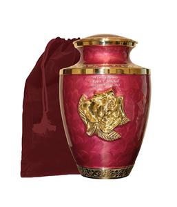 โกศเพลิงศพทองเหลืองขนาดใหญ่กุหลาบแดงพร้อมถุงกํามะหยี่ โกศสวยพร้อมดอกกุหลาบ - Product Image 1