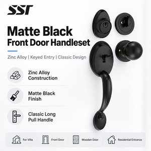 Juego de Manijas para Puerta Principal de Estilo Americano, Aleación de Zinc, Negro Mate, con Llave, Manija Larga, para Puerta de Entrada de Madera - Product Image 1
