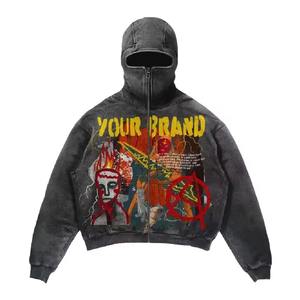 Sweat à capuche personnalisé pour homme, style vintage streetwear, masque intégré, fermeture éclair, coton délavé, épaules tombantes, col à capuche tricoté - Product Image 5