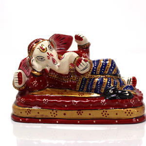 Nirmala Handicrafts Metal Sleeping Ganesh <b>Statue</b> with Meenakari Enamel Handmade Red Color Rajasthan Origin - Product Image 1