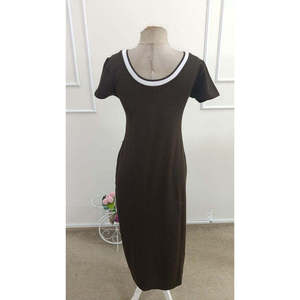 Women's Short-Sleeved Round Neck White Full-Length <b>Viscose</b> <b>Dress</b> with Slit Detail, 35594 - Coffee - Product Image 5