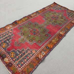 Vintage Turkish Rug, 4.2x9 ft Rug, <b>Red</b> Check <b>Wool</b> Rug - Product Image 2