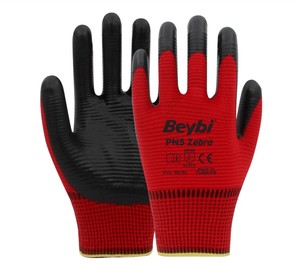 PN5 Zebra Guantes DE TRABAJO rojos con medio recubrimiento de poliéster de nitrilo tejido con 1/2 hilos de protección para manos y brazos - Product Image 1