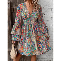 Automne nouvelle mode ethnique col en v style imprimé couches à manches longues femmes maxi robe boho chic doux fluide élégant tenue décontracté