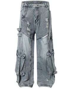 Women Light Grey Distressed Cargo Jeans Wide Leg Denim Pants Streetwear Baggy Fit Multi Pocket <b>Vintage</b> Wash Fashion <b>Trousers</b> - Product Image 1
