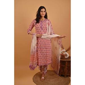 Pink Ladies Traditional Indian <b>Block</b> <b>Printed</b> Cotton Kurta Pant Set Embroidery for Daily Wear Party Wear Ethnic Georgette - Product Image 1