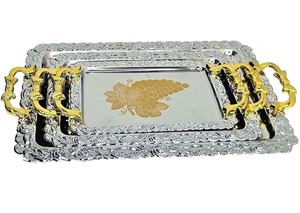 Ornate <b>Silver</b> Gold Nesting Stainless Steel Serving Tray <b>Set</b> Embossed Border Grape Pattern Decorative <b>Tea</b> Coffee Platter Wedding - Product Image 6