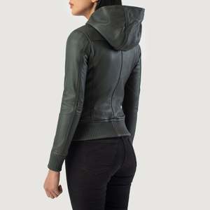 เสื้อแจ็คเก็ตบอมเบอร์หนังแบบมีฮู้ดลายควิลท์สีเขียวลูน่า - Product Image 5