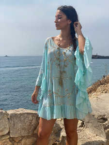 Newest Wholesale Collection Blue and White Embroidered Bohemian Long Sleeves Boho Open <b>Back</b> Sexy Short Dress - Product Image 2