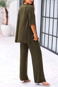 Womens 2 Piece Outfits 2025 Loose <b>Short</b> Sleeve Pullover Tops & <b>Wide</b> <b>Leg</b> Pants Lounge Sets Tracksuit for Summer - Product Image 2