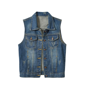 Chaleco sin mangas de mezclilla con cuello vuelto, estilo casual, bordes deshilachados, corte regular, para verano - Product Image 1