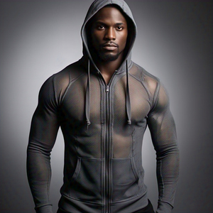 เสื้อมีฮู้ดตาข่ายมีซิปของผู้ชายเสื้อออกกำลังกายแบบลำลองผ้าบางมีฮู้ดผ้าโพลีเอสเตอร์โปร่งแสงเซ็กซี่มีซิปรูดซิปขึ้นสำหรับผู้ชาย100% - Product Image 5