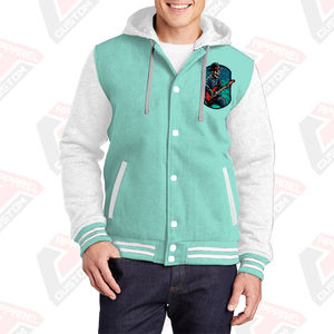 Men's Stylish Warm Varsity Jacket with Hood 100% Cotton Fleece Embroidered Technics Digital Printing Plain Dyed for Winter - Product Image 4