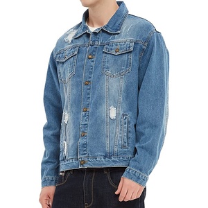 Chaqueta de camionero de mezclilla para hombre Chaqueta de mezclilla azul ajustada para motocicleta rasgada desgastada Abrigo - Product Image 5