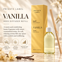 Recharge de diffuseur à bâtonnets parfum vanille marque privée 200ml + bâtonnets |   Parfum d'ambiance sucré et caramélisé |   Fabricant OEM Espagne