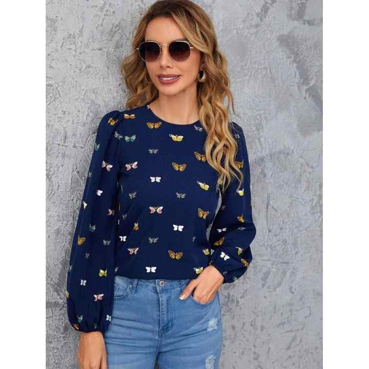 Women's Long Sleeve Butterfly Print Navy Blue Diver Blouse
