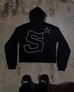 Conjuntos de pantalones de chándal acampanados y Sudadera con capucha y logotipo con estampado de diamantes de imitación, chándal negro personalizado para hombre, chándales de dos piezas - Product Image 3