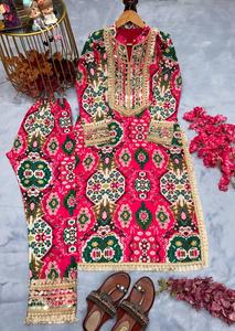 Soie de mousseline de créateur lourde avec impression numérique avec codage de broderie Dori fonctionne avec un vrai miroir avec Tam-Tam Latkan haut et bas - Product Image 4