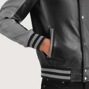Terrance Vintage Black Grey <b>Sheepskin</b> Leather Varsity <b>Jacket</b> Water-Proof Wool Embroidered Pattern Decoration Sizes XS XL - Product Image 6