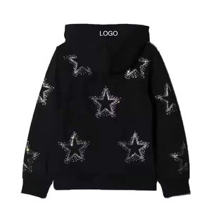 Sweat à capuche en toile tissée avec fermeture éclair, orné de strass noirs et de paillettes, pour femme, polyester/coton, 420 GSM, poids lourd, streetwear personnalisé, devant régulier - Product Image 1