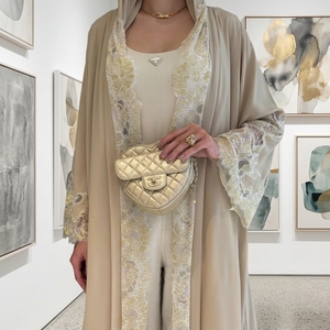 Abaya ouverte de luxe en dentelle florale et mousseline, style <span class=keywords><strong>kimono</strong></span>, élégante et modeste, pour femmes musulmanes, robe longue, vente en gros, Dubaï, pour l'Aïd Ramadan - Product Image 1