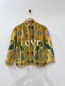 Manteau en velours jaune brodé à col mandarin, manches longues, motif floral fait main, vêtement d'extérieur pour femme adulte, style automne - Product Image 1