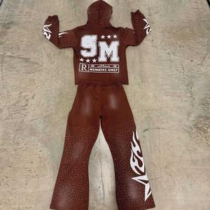 Chándal personalizado con lavado de ácido y piedra con diamantes de imitación y estampado de pantalla, sudadera con dobladillo crudo, pantalones acampanados abiertos de pierna ancha, chándal - Product Image 2