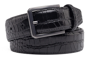 Cinturón de Cuero Vacuno con Estampado de Cocodrilo Negro, Hebilla Rectangular de Acero, Estilo Formal, Acabado Duradero - Product Image 3