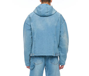 Veste pour homme en denim de coton personnalisée OEM Veste de travailleur à capuche zippée unie délavée vintage de haute qualité pour hommes - Product Image 2
