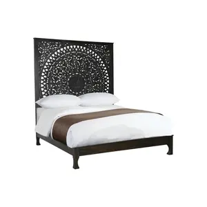 Moldura de cama com plataforma alta esculpida à mão cor preta | Moldura de madeira esculpida à mão indiana