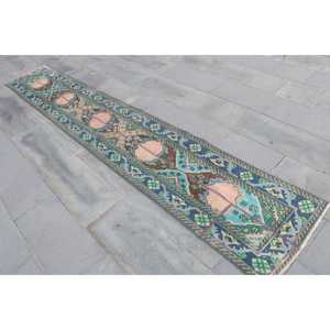 Alfombra Turca Vintage de 1.9x11.6 pies (58x355 cm), Alfombra de Lana Azul Ombré - Product Image 2