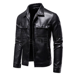 Men's <b>Winter</b> Wear Slim Leather <b>Jacket</b> Black Solid Color with Canvas Fabric for Cold Seasons - Product Image 1
