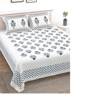 custom made 100% cotton floral printed bed sheets in blue and white with matching pillow cases ideal for resale