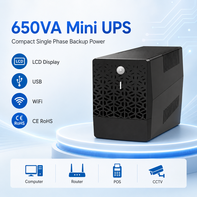 Compact 650VA Single Phase Mini UPS Backup Power Supply for Desktop Computer Router POS CCTV with LCD USB WiFi CE RoHS Use