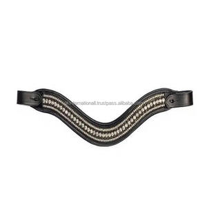 Banda para la frente de caballo de cuero acolchada con forma de onda profunda de cristales plateados de 5 filas personalizada en todos los tamaños personalizados y cierre de bucle ajustable - Product Image 1