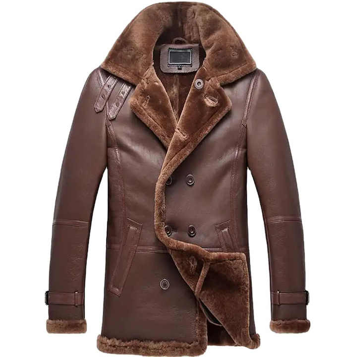 Wholesale Price Men's Genuine Leather Jacket Trench Coat Men Brown Double Breasted Shearling Sheepskin Real Leather Long Coat