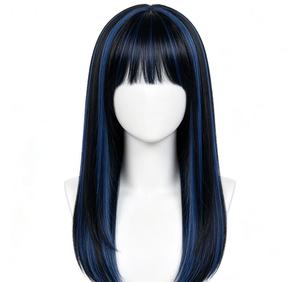 Perruque droite bleu-noir longue avec frange, cheveux synthétiques pour costume, idéale pour événements cosplay et fêtes - Product Image 1