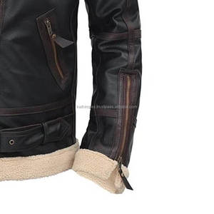 Chaqueta de cuero de bombardero de piel de oveja de Aviador negro para hombre, puños con cremallera en la cintura, ropa de invierno para exteriores - Product Image 6