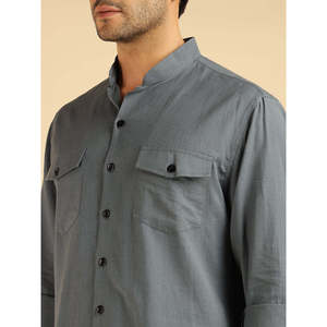 Amanush <b>Men's</b> Gray Cotton Co-Ord Set Mandarin Collar Cuff Sleeves Shirt With Ankle Pants Casual Summer Wear Two Piece Outfit - Product Image 2