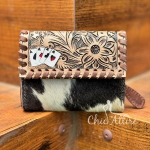 Genuine Cowhide & Tooled Leather Trim Lady's <b>Wallet</b> Hot Sale Western Leather Tri-Fold Aces <b>Wallet</b> <b>Card</b> <b>Holder</b> Organizer <b>Wallets</b> - Product Image 1