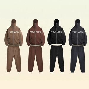 Sweat à capuche zippé surdimensionné avec logo personnalisé, ensemble de jogging, vêtements de ville d'hiver, survêtement en coton molletonné, capuche couvrant le visage de couleur unie - Product Image 1