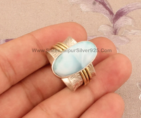 Bague de méditation et d'apaisement en argent sterling avec larimar rond et abeille, style bohème, pour femme, mariage et fiançailles