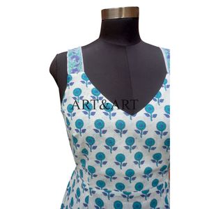Robe décontractée pour femme en coton pur imprimé à la main en Inde, sans manches, longueur genou, technique d'impression numérique écologique - Product Image 3