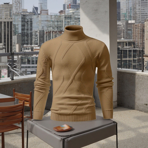 Jersey de punto de manga larga con cuello alto para hombre, color sólido en forma de flor tridimensional a la moda para invierno-cedro - Product Image 6