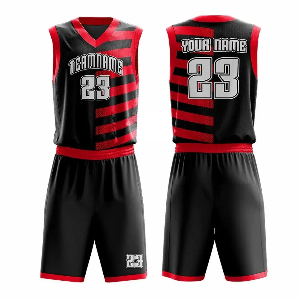 Jersey basket jala reversibel warna merah & celana pendek desain baru dengan cetak sublimasi seragam basket disesuaikan