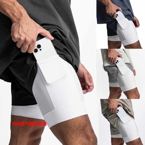 Taille haute hommes 2-en-1 couches Gym Shorts respirant avec Logo personnalisé sport piste entraînement poches High Street Style plaine teint - Product Image 3